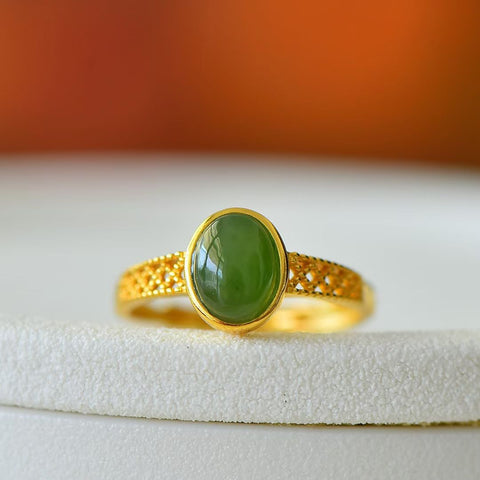19417-2# Cincin Perak Sterling 925 dengan Batu Giok Hetian Bertatahkan Simbol Keberuntungan. Spesifikasi Giok: 6*8 mm, gratis ongkos kirim dan pajak.