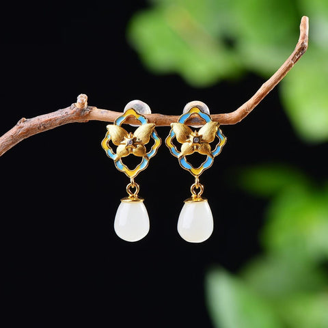 Anting Perak S925 dengan Batu Giok Hetian berbentuk tetesan air & hiasan kupu-kupu enamel 🦋, 8×9 5072-9# | 5072-8# Gratis ongkos kirim dan pajak.
