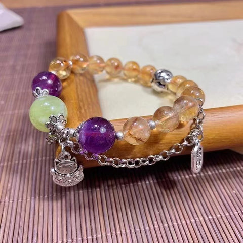 Gelang Citrine Alami dengan Batu Kecubung + Giok Ciu + Aksesori Perak Tibet Ukuran 9mm Sudah termasuk pajak pengiriman.