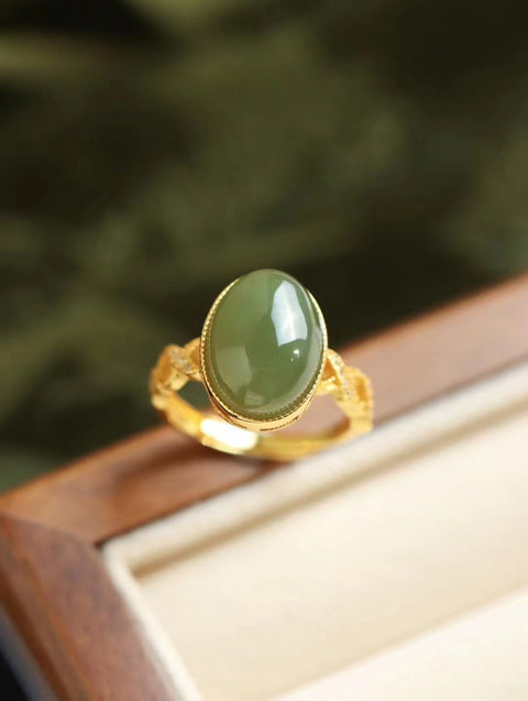 Cincin Giok Giok Hijau Giok Hetian Alami 925 Biaya Tatahan Perak 10 * 14mm Sudah termasuk pajak pengiriman