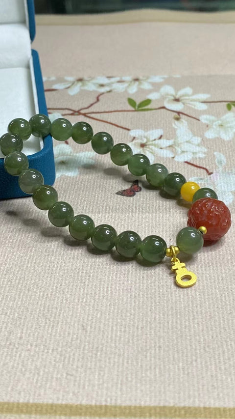 Gelang Giok Hetian Alami dengan aksesoris cantik Ukuran 8mm Giok bersih, halus dan hangat Sudah termasuk pajak pengiriman.