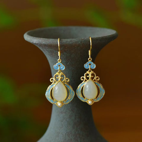2867-2 Anting Enamel Mutiara Giok Hetian Giok Alami Ukuran 8 * 12mm Giok halus dan hangat, gaya yang indah, sudah termasuk pajak pengiriman.