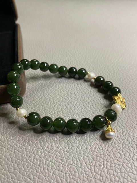Gelang Giok Giok Hetian Alami Warna Hijau Penuh Ukuran 8mm Giok bersih dan halus serta hangat Sudah termasuk pajak pengiriman.