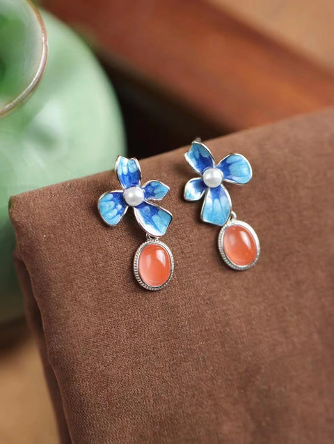 Anting-anting merah alami & nbsp; dengan mutiara + enamel Warna yang indah 925 pengaturan perak Gaya yang bagus Sudah termasuk pajak pengiriman!