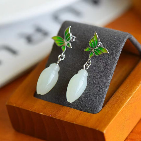 2146 Anting Bunga Anggrek Putih Giok Hetian Giok Alami 925 Pengaturan Perak Ukuran 8 * 15mm Termasuk Pajak Pengiriman