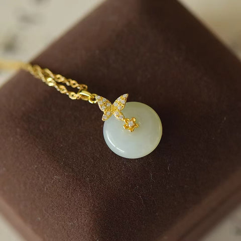 3426-2 Kalung Kupu-Kupu Kancing Perdamaian Giok Hetian Jade Alami Ukuran 13 * 13mm Set dalam Gaya Perak 925 Termasuk pajak pengiriman