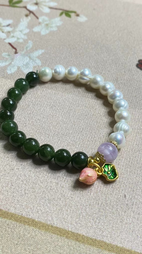 Gelang Jasper Alami dengan aksesoris dan mutiara Ukuran 8mm Giok halus dan hangat, gaya yang indah sudah termasuk pajak pengiriman!