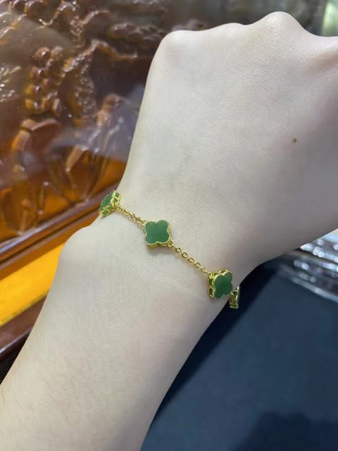Gelang Semanggi Jasper Alami 925 Sterling Silver Berlapis Emas 24k Ukuran Dapat Disesuaikan Gaya yang indah & giok baik-baik saja dan hangat Sudah termasuk pajak pengiriman.