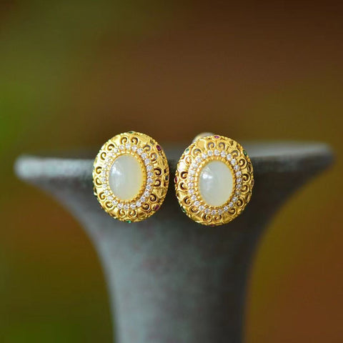 2809-2 Anting Filigree Giok Hetian Giok Xiang Yun 925 Tatahan Perak Ukuran 6 * 8mm Sudah Termasuk Pajak Pengiriman