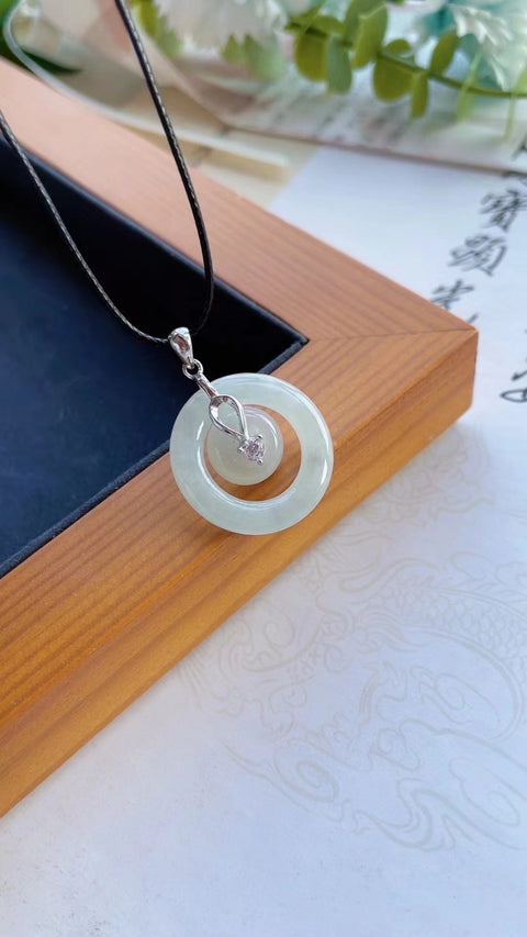 Kalung jepitan mutiara giok alami Ping An An Lao Pit bahan 925 tatahan perak Ukuran 2,2 * 2,2