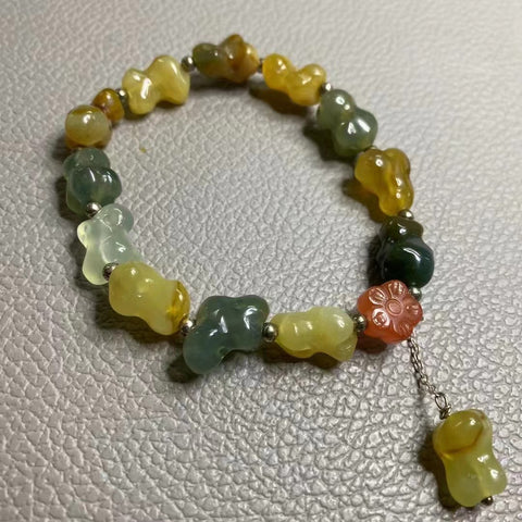 Gelang Batu Giok Cui Bunga Giok Taihu Berwarna-warni dengan Aksesori Nan Hong Sudah Termasuk Pajak Pengiriman