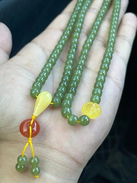 Kalung Giok Hetian Alami & Gelang & Kalung Ukuran 6 * 7mm 108 Potongan dengan Nan Hong + Giok Lilin Lebah bersih, halus dan hangat.