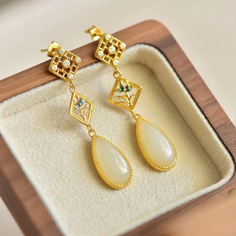 Anting Anggrek Anggrek Tetes Enamel Giok Hetian Giok Alami Gaya Cina 925 Pengaturan Perak Giok bersih, halus dan hangat Gaya sudah termasuk pajak pengiriman