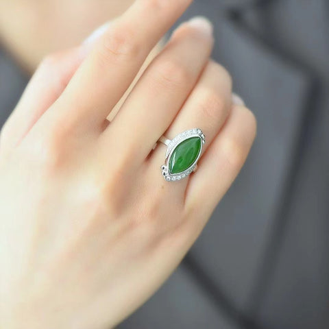 11417 Cincin Zirkonia Mata Kuda Jasper Alami 925 Pengaturan Perak Ukuran 8 * 16mm Batu giok bersih, halus dan hangat... Gayanya indah dan apik.