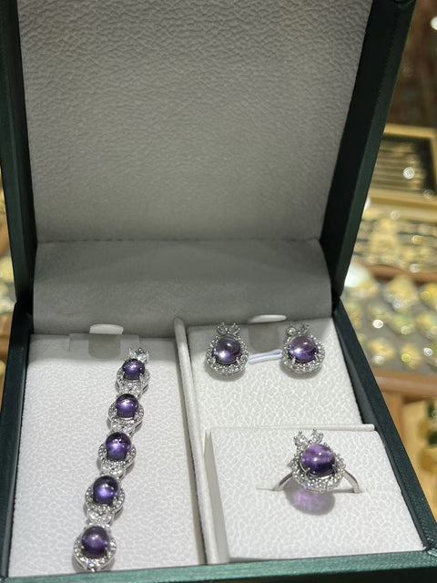 Cincin Set Kecubung Alami 8mm, Anting 7mm, Gelang 6mm, Dibuat dari Perak 925, Sedingin Es dan Jernih, Gaya Cantik