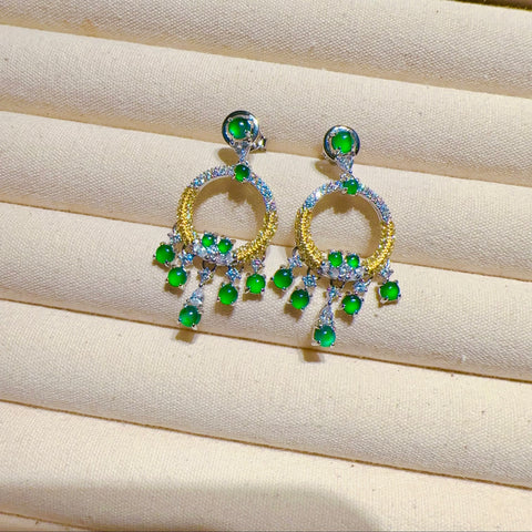 Anting-anting Deluxe Jadeite Alami 925 perak dengan tatahan giok halus dan lembab; Gaya Sudah Termasuk Pajak Pengiriman