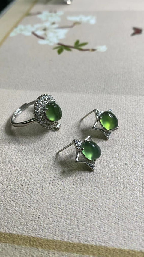 Set Giok Halus 925 Cincin Perak Cincin Perak 6.3 * 8.3mm Anting 6 * 8mm & nbsp; Giok bersih, halus dan hangat Sudah termasuk pajak pengiriman