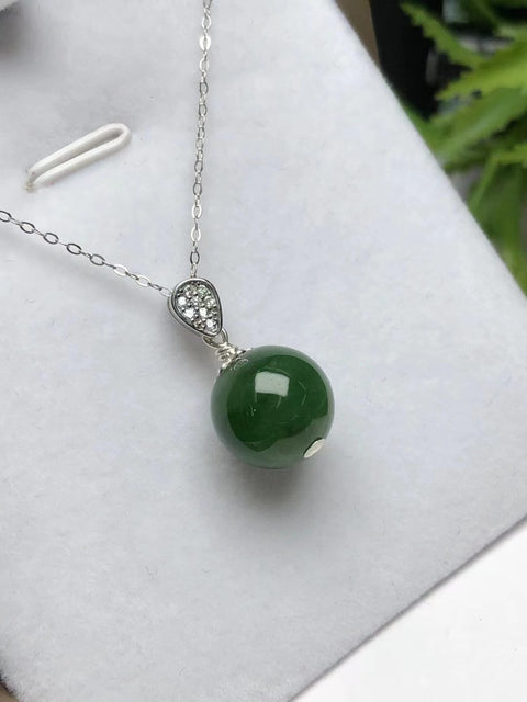 Kalung Manik-manik Bulat Giok Hetian Giok Alami Gaya klasik dan serbaguna dengan pengaturan perak 925 Ukuran sekitar 11,3 mm, sudah termasuk pajak pengiriman