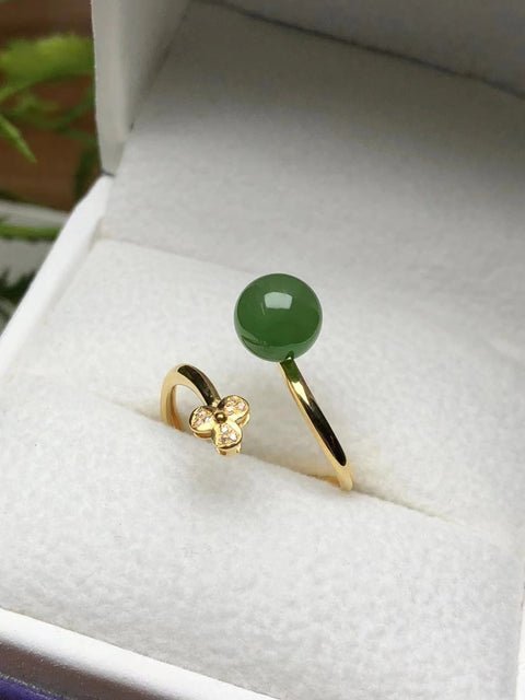 Cincin Semanggi Giok Hotan Giok Jasper Alami Pengaturan Emas 18k Ukuran 8mm Giok bersih dan halus serta hangat Sudah termasuk ongkos kirim dan pajak.