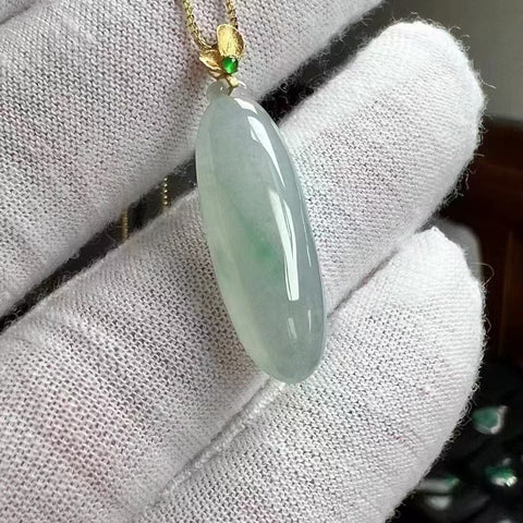 Kalung Tembus Es Jadeite a-barang-barang Alami Pengaturan Emas 18k Pencocokan Rantai Perak 925 Ukuran 31.7 * 9.5mm Termasuk Pajak Pengiriman