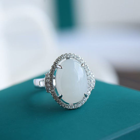 Cincin giok putih alami 💍 seri 💫 1268# Cincin giok cabochon putih Hetian bertatahkan perak 925, gratis ongkos kirim dan pajak.