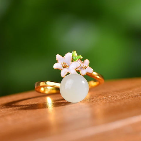 Cincin Perak Sterling S925 dengan Manik-manik Giok Hetian 8mm dan Enamel - 9034Q-2# Ukuran batu 8×8mm, gratis ongkos kirim dan pajak.