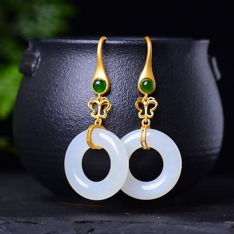 7444-6 Anting Kancing Damai Giok Hetian Giok Alami Ukuran 20 * 20mm Giok yang halus dan hangat dengan pengaturan perak 925 sudah termasuk pajak pengiriman.