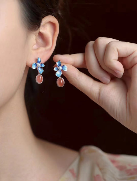 Anting-anting merah alami & nbsp; dengan mutiara + enamel Warna yang indah 925 pengaturan perak Gaya yang bagus Sudah termasuk pajak pengiriman!