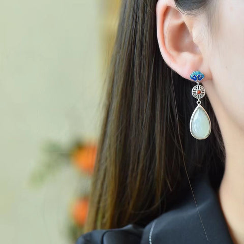 7417 Anting Enamel Giok Hetian Giok Alami 925 Tatahan Perak Ukuran 10 * 18mm Giok bersih, halus dan hangat, gaya yang indah.