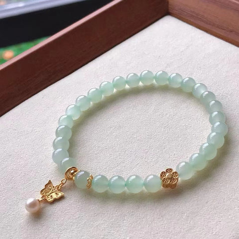 Gelang Giok Hetian Alami dengan Mutiara + Aksesori Perak 925 Berwarna, Ukuran 6 mm per butir Giok bersih, halus, dan hangat Termasuk Pajak Pengiriman
