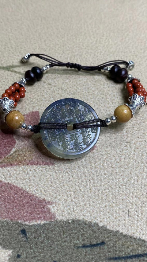 Gelang Uang Hantu Gunung Tinta Giok Cui Jade Alami Gelang giok ini bersih, halus dan hangat, dan hantu gunung dianggap sebagai dewa kekayaan Ukuran 27,8 mm Termasuk ongkos kirim dan pajak 202406251253