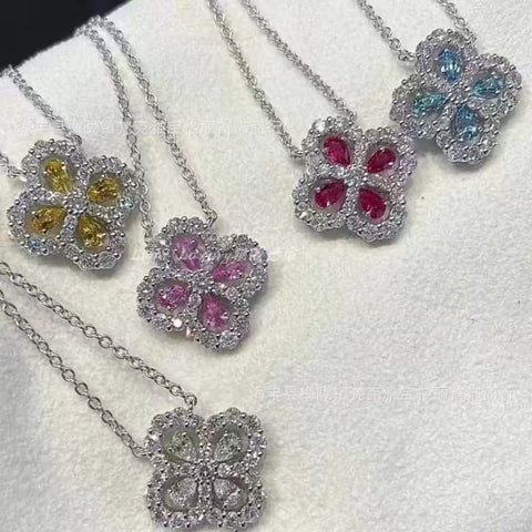 Kalung empat daun semanggi HW perak murni untuk wanita, bertahtakan berlian penuh, rantai klavikula serbaguna, tahan luntur, sudah termasuk ongkos kirim dan pajak.