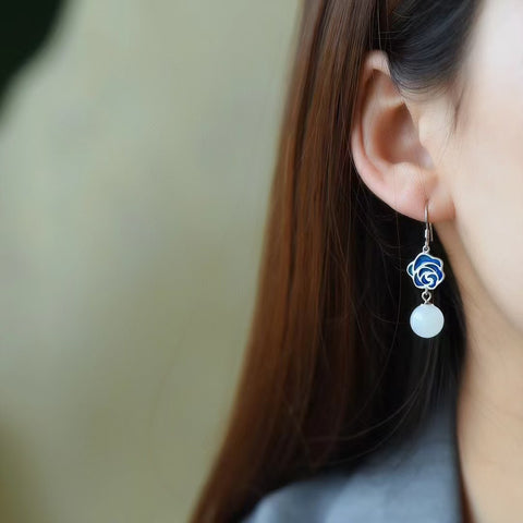 2124 Anting Manik-manik Giok Bulat Hetian Giok Alami 925 Perak Tatahan Giok halus dan hangat Ukuran 10 * 10mm Gaya indah & sudah termasuk pajak pengiriman