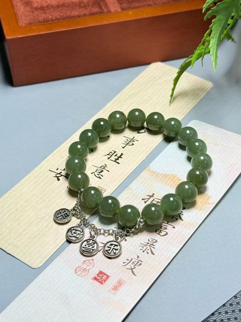 Gelang Oriental Giok Hetian, nuansa kehijauan ukuran 10 mm. Gratis ongkos kirim dan pajak.