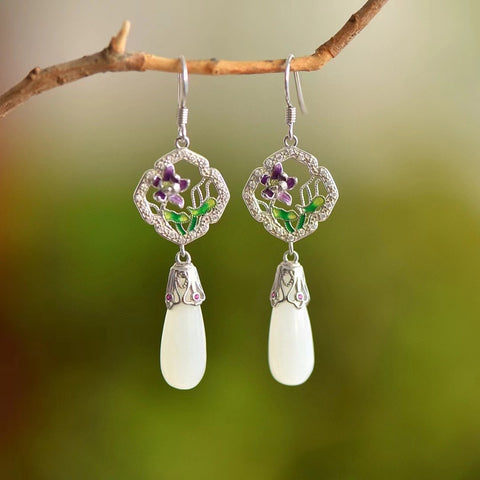 Anting Anggrek Anggrek Tetes Enamel Giok Hetian Giok Alami Gaya Cina 925 Pengaturan Perak Giok bersih, halus dan hangat Gaya sudah termasuk pajak pengiriman
