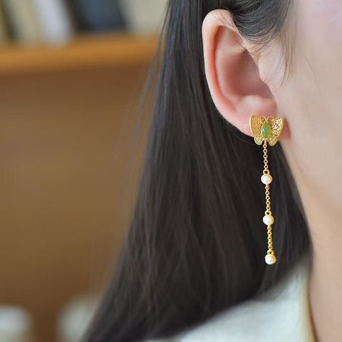 12413-3 Anting Mutiara Kupu-kupu Jasper Alami dari Perak 925 Ukuran 3 * 6mm Giok adalah gaya yang halus dan hangat, indah.