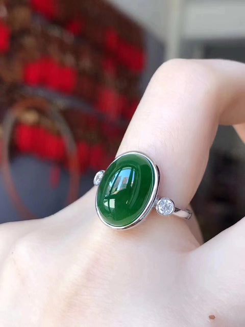 Cincin Telur Jasper Alami 925 Pengaturan Perak Ukuran 14 * 10mm Giok bersih, halus dan hangat Termasuk pajak pengiriman.