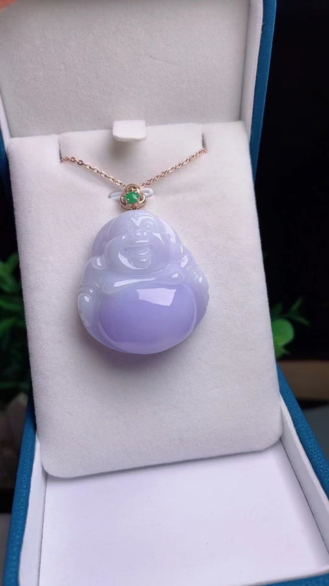 Jadeite Violet Alami Buddha Tersenyum Pengaturan emas 18k Jade adalah Jade yang halus dan hangat, gaya yang indah, penuh dengan kepala air Ukuran 3,6 * 3,2cm Termasuk pajak pengiriman.