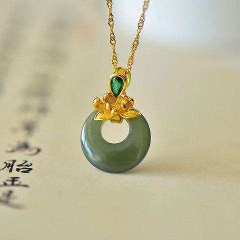 3282Q-2 Set Kalung Teratai Jepitan Putri Jasper Alami dari 925 Perak Ukuran 15 * 15mm Giok baik-baik saja dan hangat Termasuk ongkos kirim dan pajak.