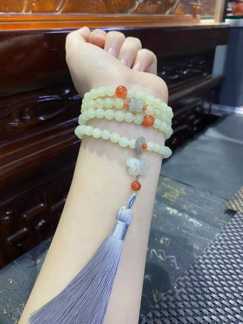 Kalung dan Gelang Giok Kuning dan Putih Alami 108 Buah Gioknya bersih dan halus; gayanya indah Ukuran 6mm Pengiriman dan pajak sudah termasuk.