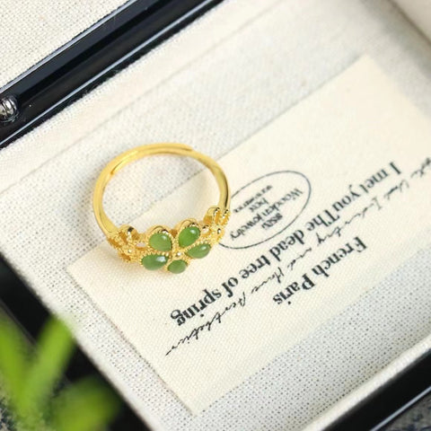 Cincin Jasper Clover Alami 925 Giok Berlapis Emas Perak bersih dan halus serta tanpa cacat; Termasuk Pajak Pengiriman