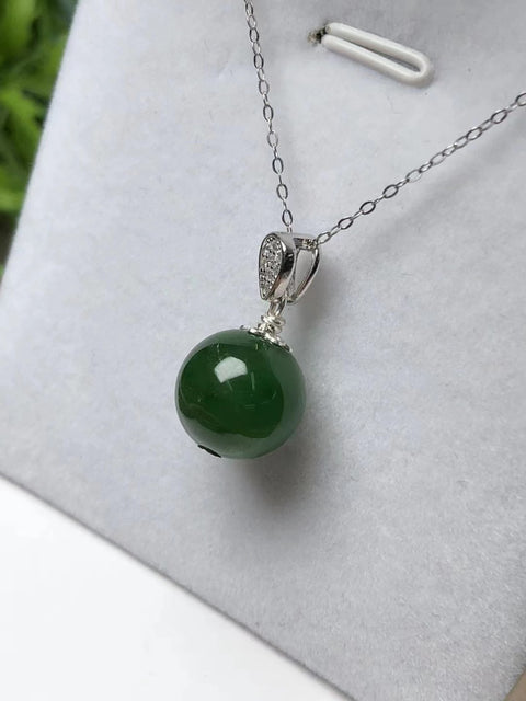 Kalung Manik-manik Bulat Giok Hetian Giok Alami Gaya klasik dan serbaguna dengan pengaturan perak 925 Ukuran sekitar 11,3 mm, sudah termasuk pajak pengiriman