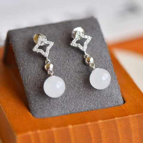 2151 Anting Manik Giok Hetian Giok Alami 925 Pengaturan Perak Ukuran 8 * 8mm Gaya Termasuk pajak pengiriman
