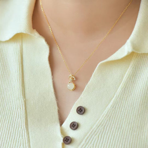 3416-2 Kalung Tas Uang Manik-manik Bulat Giok Hetian Giok Alami Ukuran 8 * 8mm 925 Gaya Tatahan Perak Sudah termasuk pajak pengiriman.