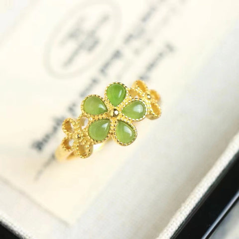Cincin Jasper Clover Alami 925 Giok Berlapis Emas Perak bersih dan halus serta tanpa cacat; Termasuk Pajak Pengiriman