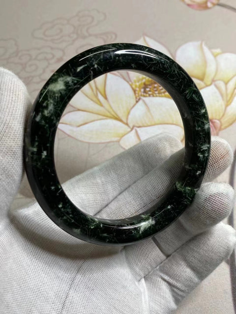 Gelang Bunga Bambu Hijau Tua Giok Cui Giok Alami Ukuran 59-61mm Ukuran 60.1mm Lebar Sisi 10.8mm Giok adalah semua yang terjadi secara alami Pola acak Sudah termasuk pajak pengiriman No. 202406051550