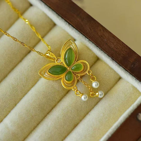 10867-2 Kalung Kupu-kupu Mata Kuda Jasper Alami yang terbuat dari perak 925 Ukuran 4 * 8mm Giok adalah gaya yang halus dan hangat dan indah.