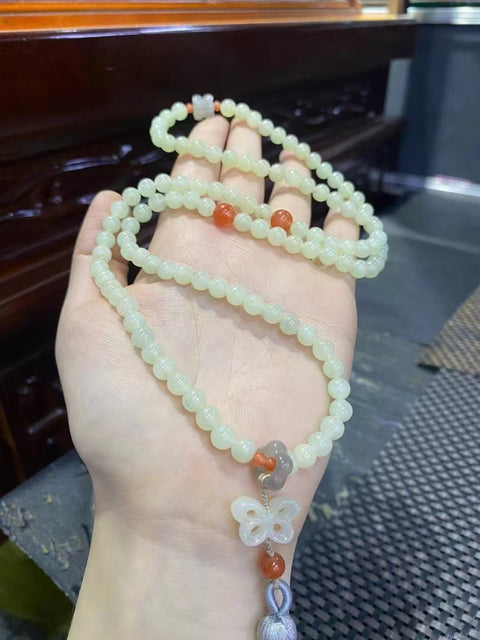 Kalung dan Gelang Giok Kuning dan Putih Alami 108 Buah Gioknya bersih dan halus; gayanya indah Ukuran 6mm Pengiriman dan pajak sudah termasuk.