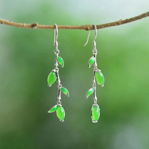Anting Bambu Enamel Jasper Alami 925 Pengaturan Perak Ukuran 9 * 4mm Giok bersih, halus dan hangat; Gaya Sudah termasuk pajak pengiriman.