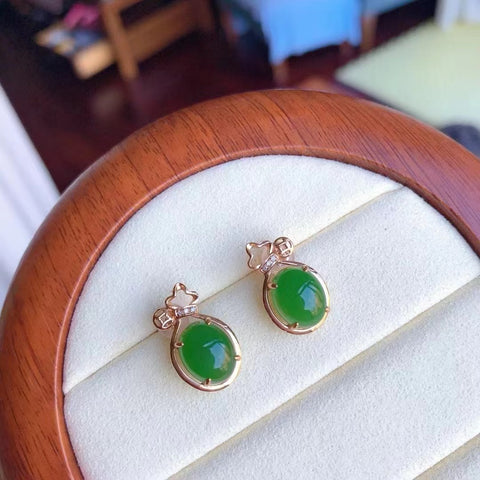 Anting Kantong Uang Jasper Alami Pengaturan Emas 18k Ukuran 8 * 10mm Giok bersih dan halus dan hangat Termasuk ongkos kirim dan pajak.
